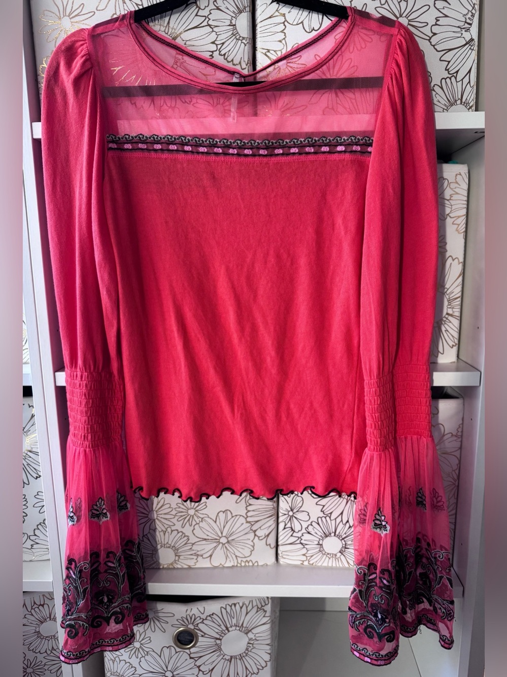 Free People Bright Orange Mesh/Cotton Embroidered Shirt